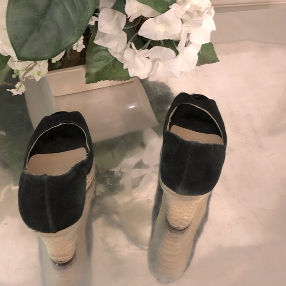 Colin Stuart Black Suede Leather Peep Toe Wedge Espadrilles size 8 - Picture 4 of 5